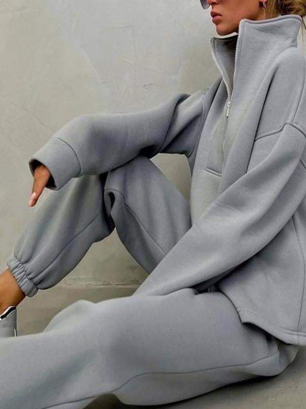 Conjunto Femenino Casual Deportivo de Dos Piezas con Cremallera y Cuello Alto y Manga Larga