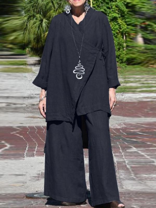 Conjunto Femenino Casual Suelto con Escote en V y Camisa de Manga Larga y Pantalones de Pierna Ancha
