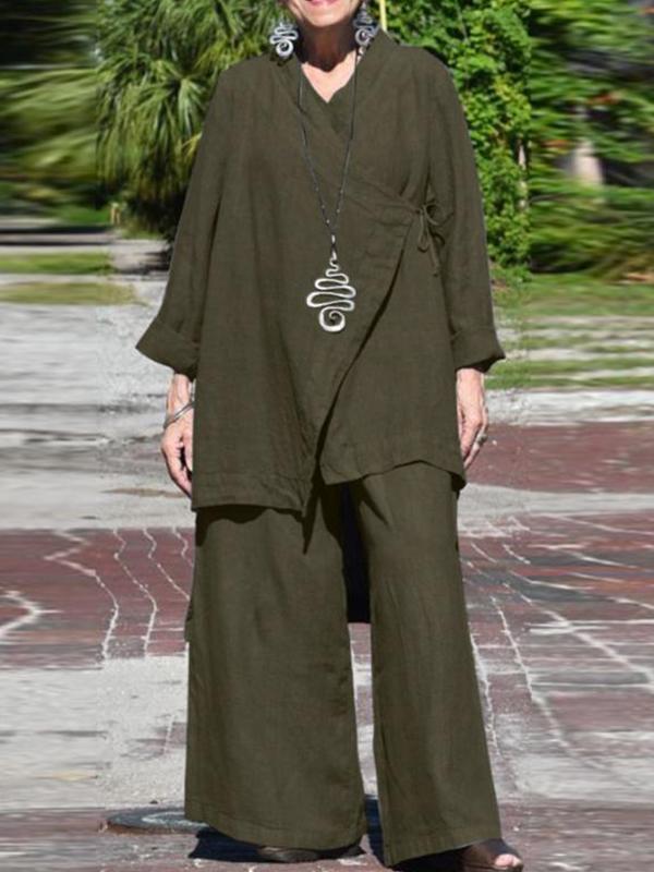Conjunto Femenino Casual Suelto con Escote en V y Camisa de Manga Larga y Pantalones de Pierna Ancha