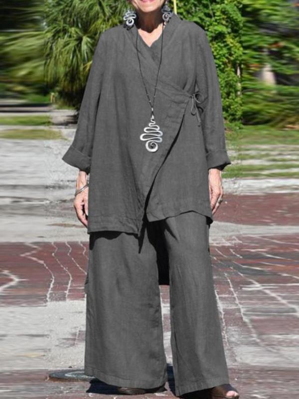 Conjunto Femenino Casual Suelto con Escote en V y Camisa de Manga Larga y Pantalones de Pierna Ancha