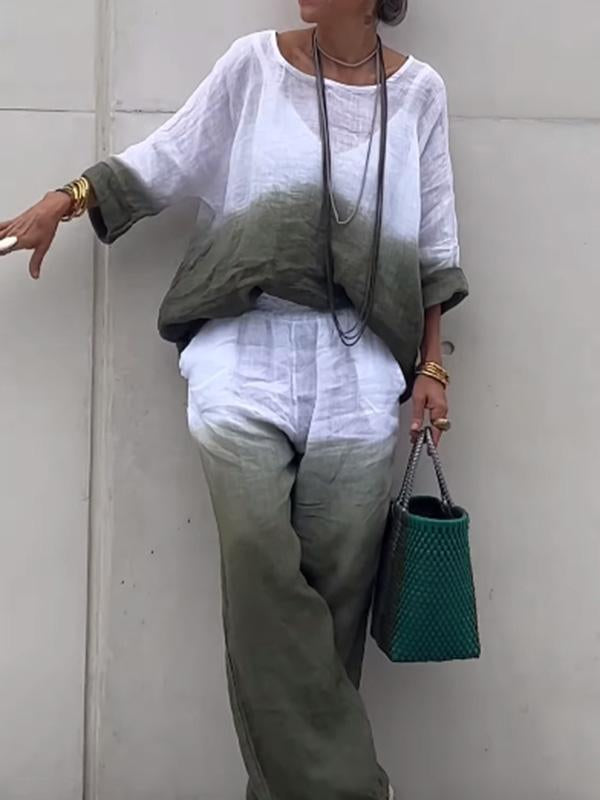 Conjunto Femenino de Algodón y Lino con Gradiente de Dos Piezas