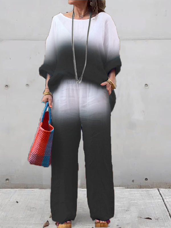 Conjunto Femenino de Algodón y Lino con Gradiente de Dos Piezas