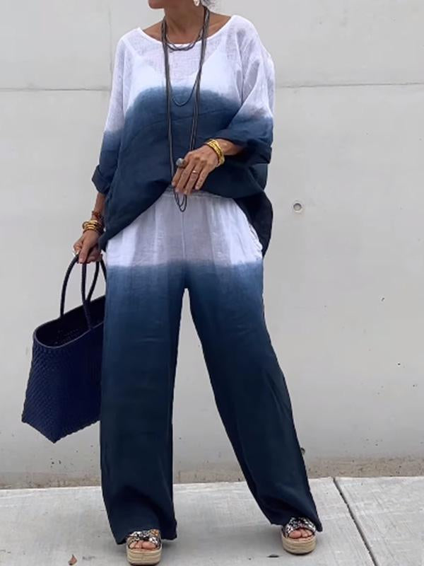Conjunto Femenino de Algodón y Lino con Gradiente de Dos Piezas