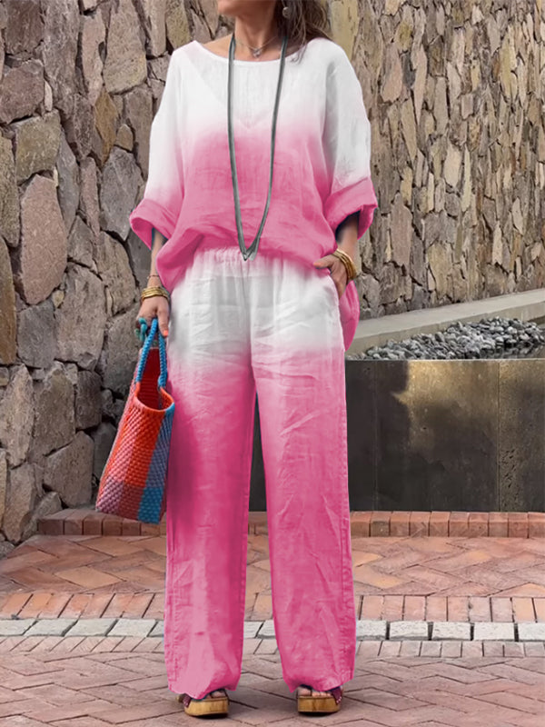 Conjunto Femenino de Algodón y Lino con Gradiente de Dos Piezas