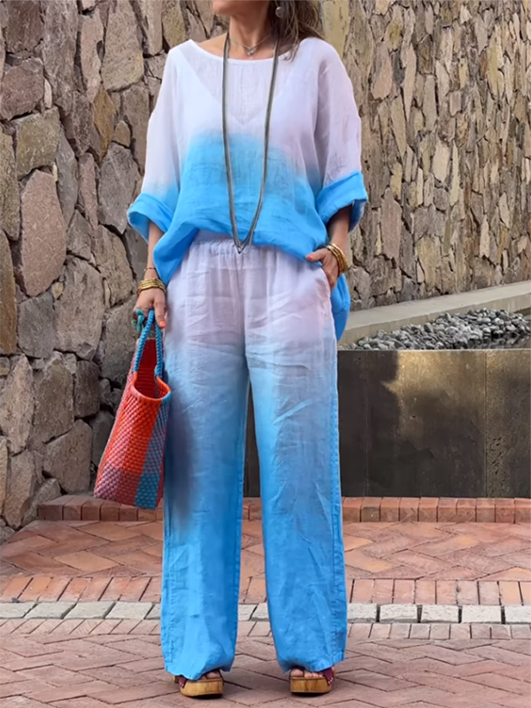 Conjunto Femenino de Algodón y Lino con Gradiente de Dos Piezas