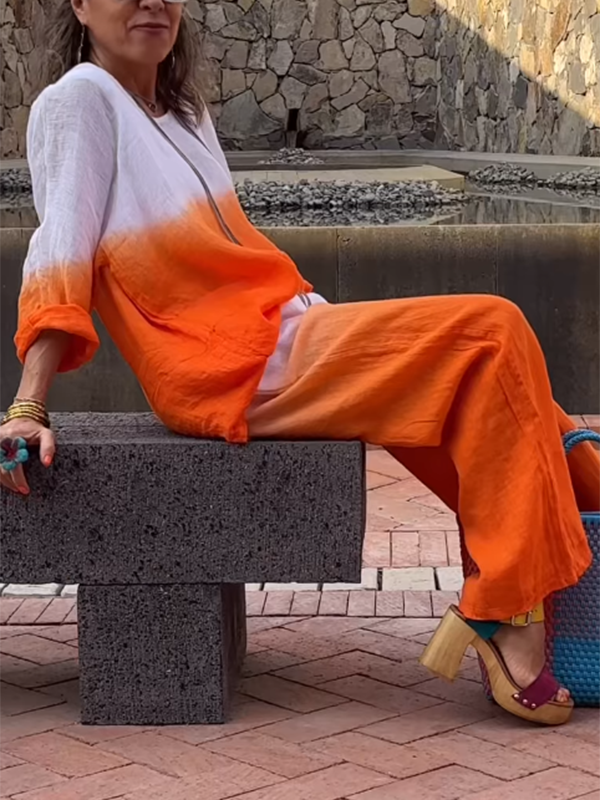 Conjunto Femenino de Algodón y Lino con Gradiente de Dos Piezas