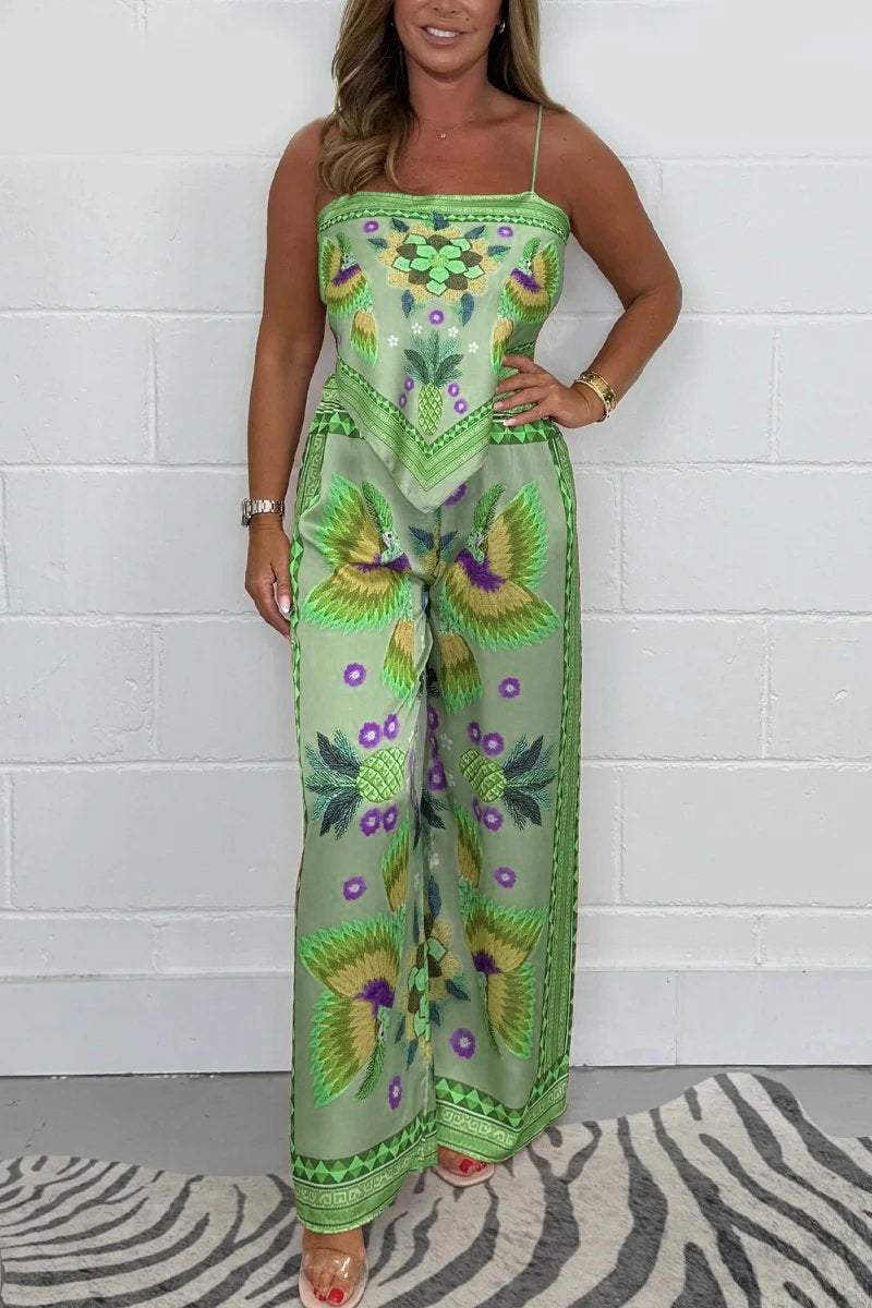 Conjunto Femenino de Pantalón y Pañuelo con Estampado de Loro