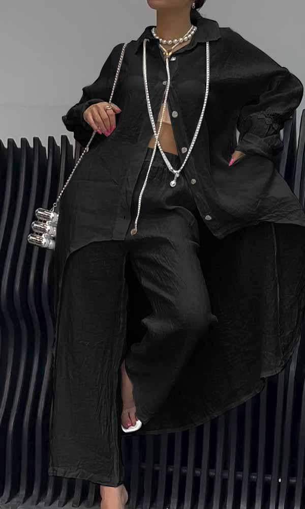 Conjunto Femenino de Camisa con Corte en la Espalda y Pantalones de Lino de Dos Piezas