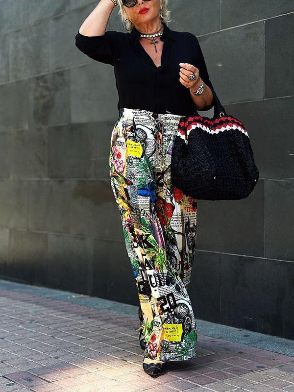 Conjunto Femenino de Camisa de Color Sólido con Escote en V y Pantalones Estampados de Dos Piezas