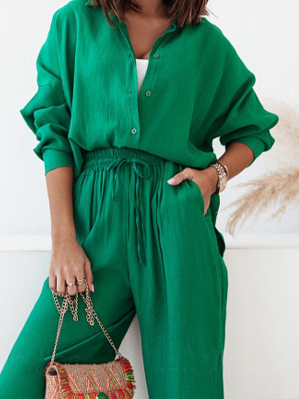 Conjunto Femenino de Camisa Larga con Manga Larga y Pantalones de Pierna Ancha con Elástico