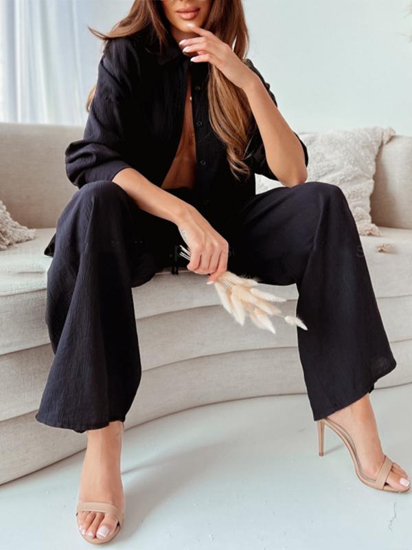 Conjunto Femenino de Camisa Larga con Manga Larga y Pantalones de Pierna Ancha con Elástico
