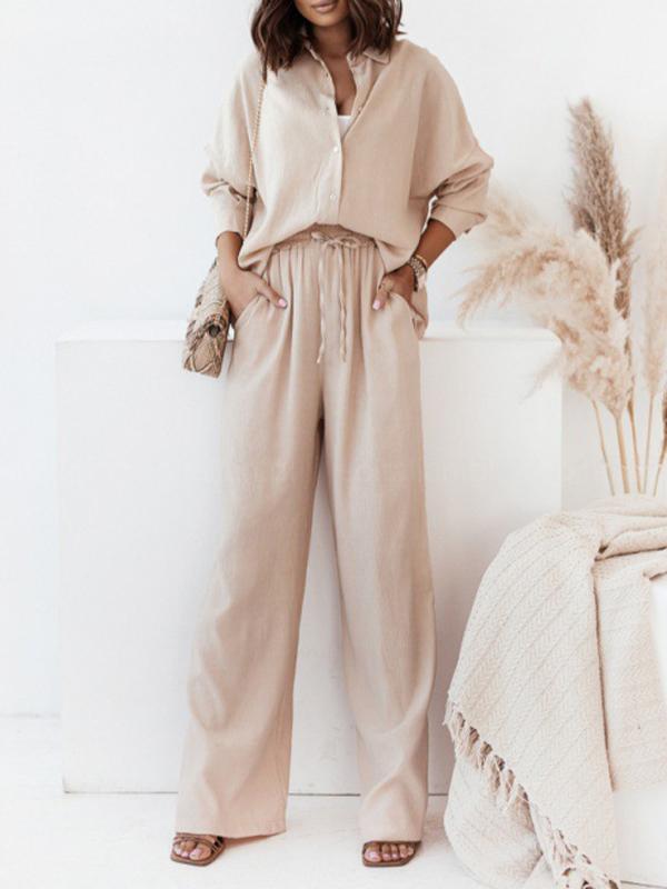 Conjunto Femenino de Camisa Larga con Manga Larga y Pantalones de Pierna Ancha con Elástico
