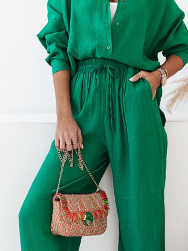 Conjunto Femenino de Camisa Larga con Manga Larga y Pantalones de Pierna Ancha con Elástico