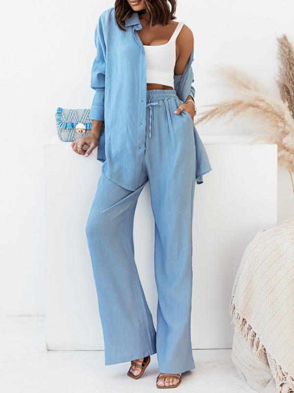 Conjunto Femenino de Camisa Larga con Manga Larga y Pantalones de Pierna Ancha con Elástico