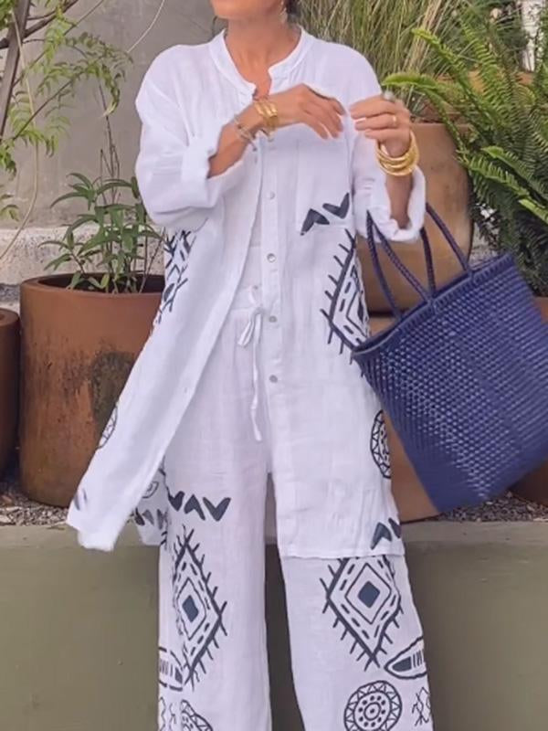 Conjunto Femenino de Cárdigan de Algodón y Lino + Pantalones de Pierna Ancha de Dos Piezas
