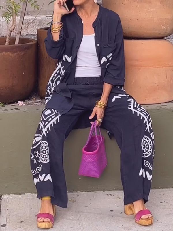 Conjunto Femenino de Cárdigan de Algodón y Lino + Pantalones de Pierna Ancha de Dos Piezas