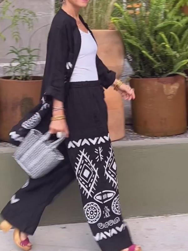 Conjunto Femenino de Cárdigan de Algodón y Lino + Pantalones de Pierna Ancha de Dos Piezas