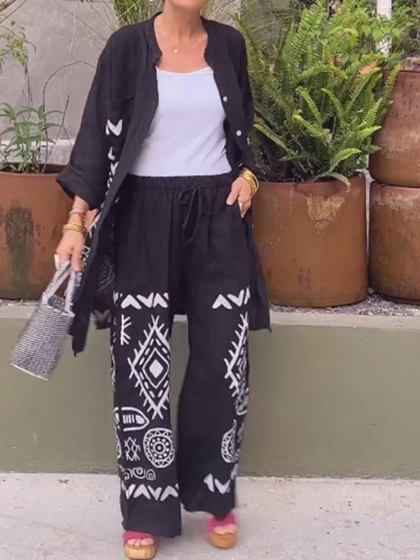 Conjunto Femenino de Cárdigan de Algodón y Lino + Pantalones de Pierna Ancha de Dos Piezas