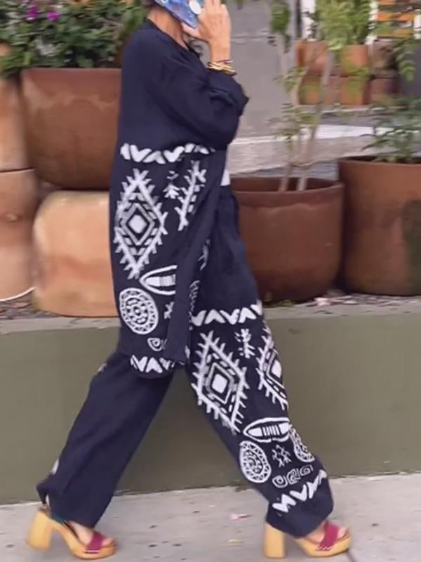 Conjunto Femenino de Cárdigan de Algodón y Lino + Pantalones de Pierna Ancha de Dos Piezas