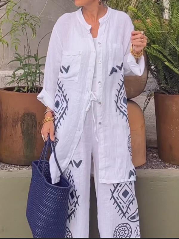 Conjunto Femenino de Cárdigan de Algodón y Lino + Pantalones de Pierna Ancha de Dos Piezas