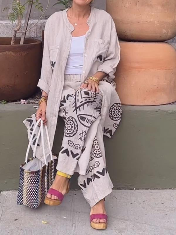 Conjunto Femenino de Cárdigan de Algodón y Lino + Pantalones de Pierna Ancha de Dos Piezas