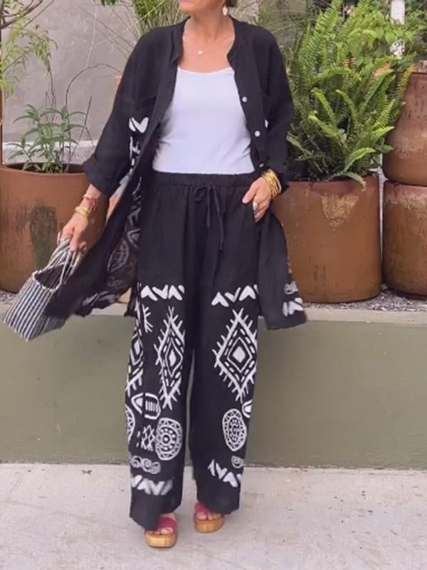 Conjunto Femenino de Cárdigan de Algodón y Lino + Pantalones de Pierna Ancha de Dos Piezas
