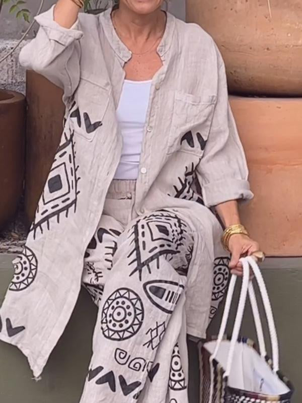 Conjunto Femenino de Cárdigan de Algodón y Lino + Pantalones de Pierna Ancha de Dos Piezas