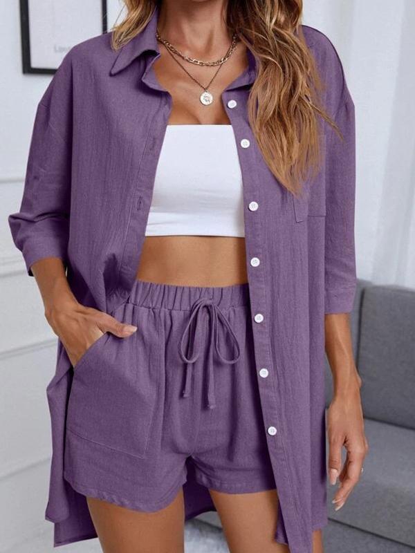 Conjunto Femenino de Cárdigan de Color Sólido con Botones y Camisa de Hombros Caídos