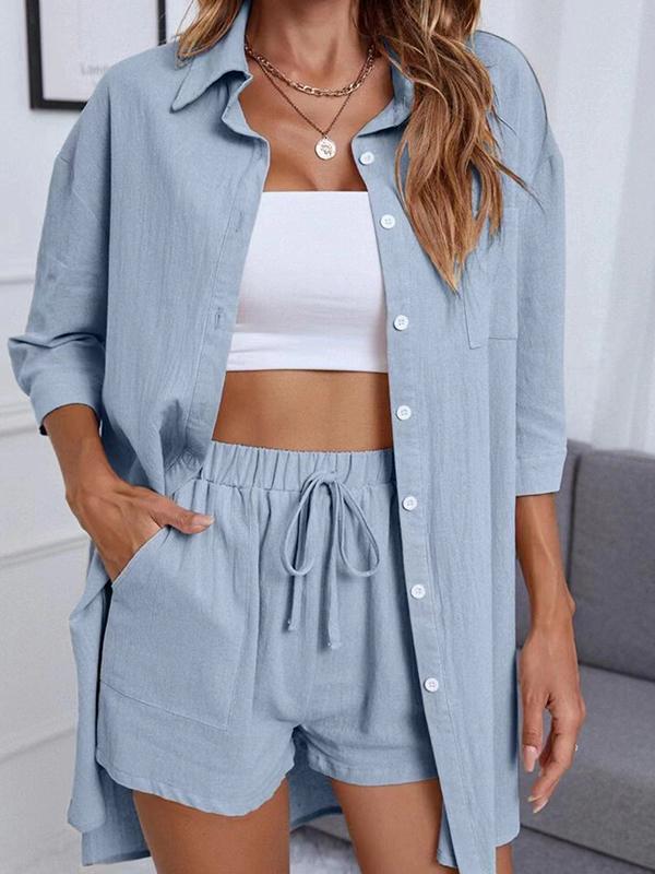 Conjunto Femenino de Cárdigan de Color Sólido con Botones y Camisa de Hombros Caídos