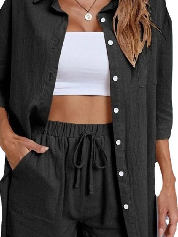Conjunto Femenino de Cárdigan de Color Sólido con Botones y Camisa de Hombros Caídos