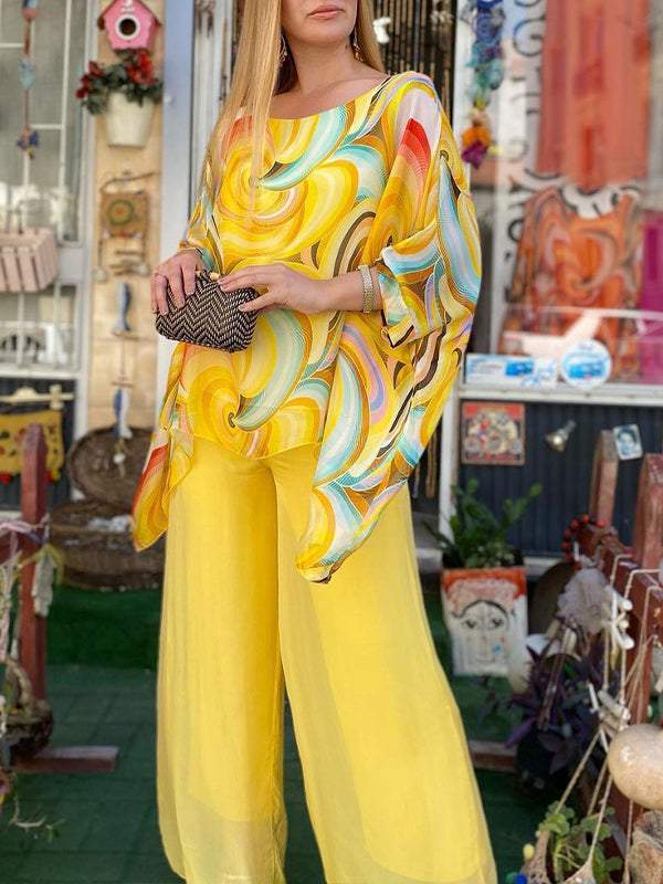Conjunto Femenino de Chiffon Colorido con Estampado de Verano, Cuello Redondo y Dos Piezas