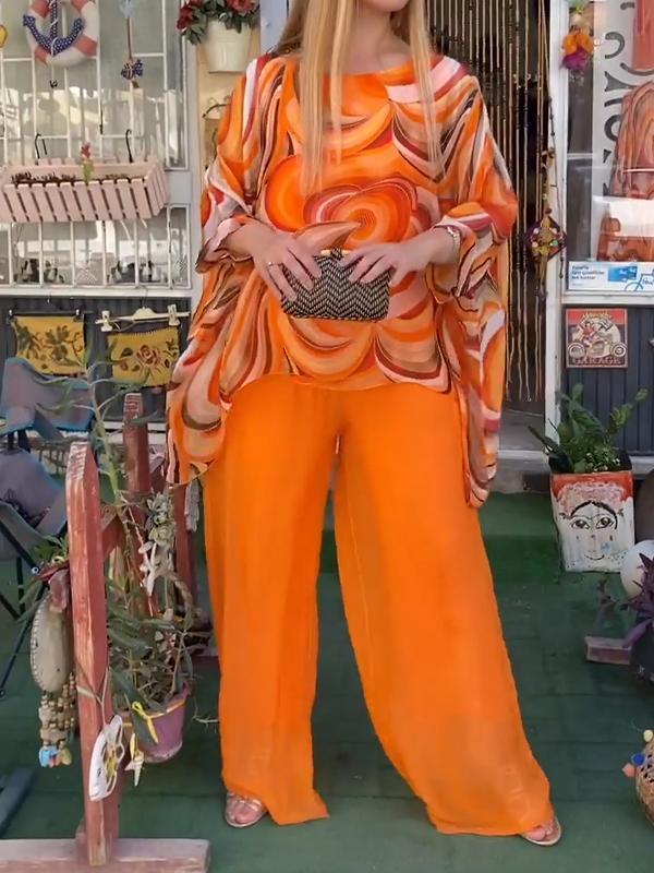 Conjunto Femenino de Chiffon Colorido con Estampado de Verano, Cuello Redondo y Dos Piezas