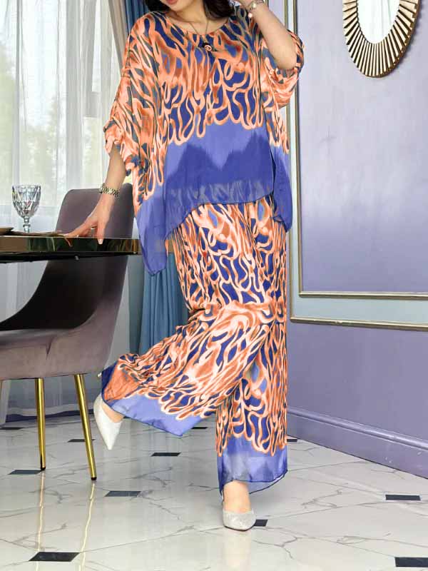 Conjunto Femenino de Chiffon Estampado con Cuello Redondo