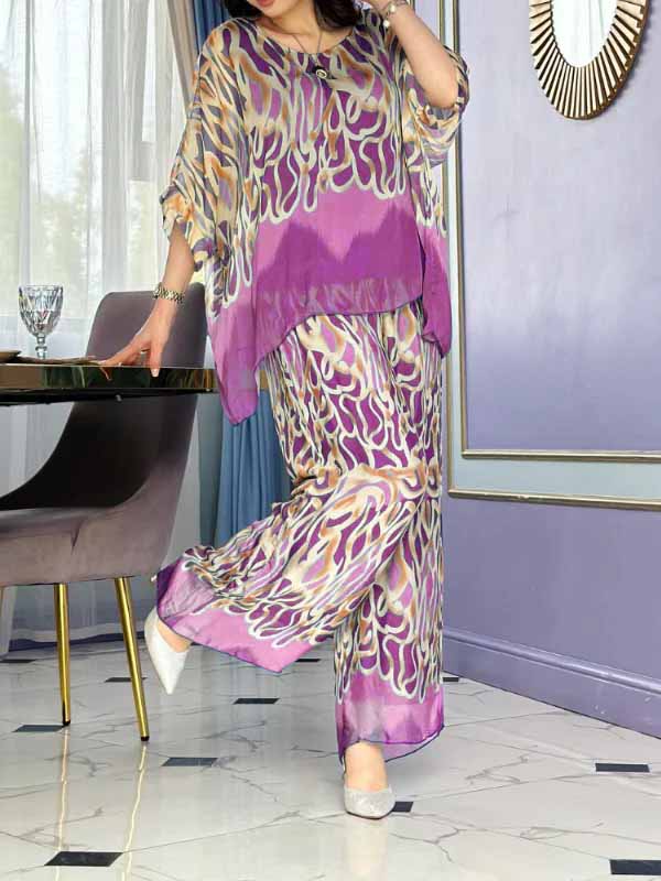 Conjunto Femenino de Chiffon Estampado con Cuello Redondo