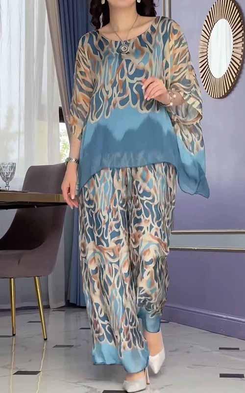 Conjunto Femenino de Chiffon Estampado con Cuello Redondo