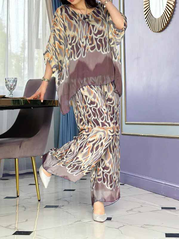 Conjunto Femenino de Chiffon Estampado con Cuello Redondo