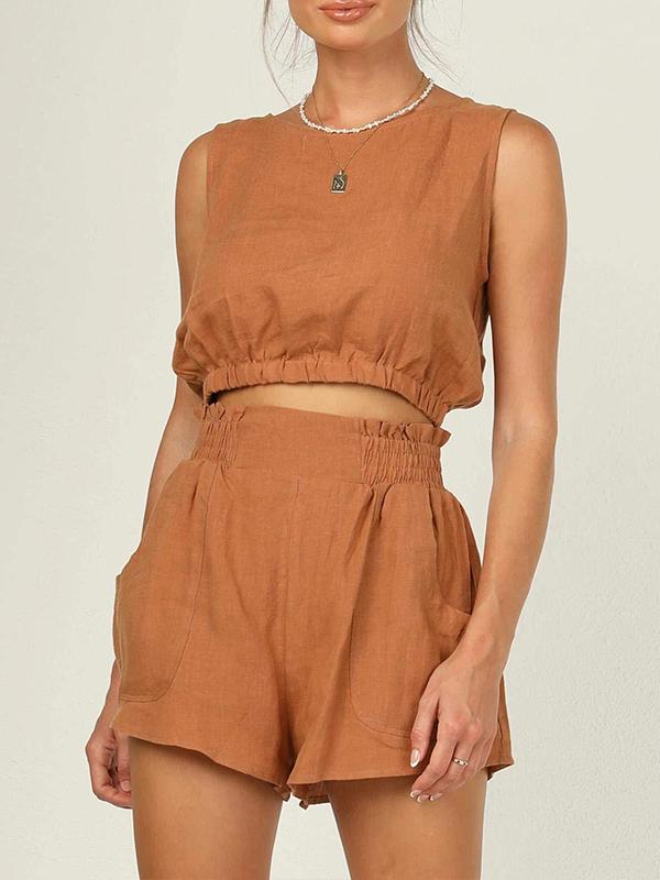 Conjunto femenino de chaqueta corta sin mangas de color sólido con cintura alta y pantalones rectos