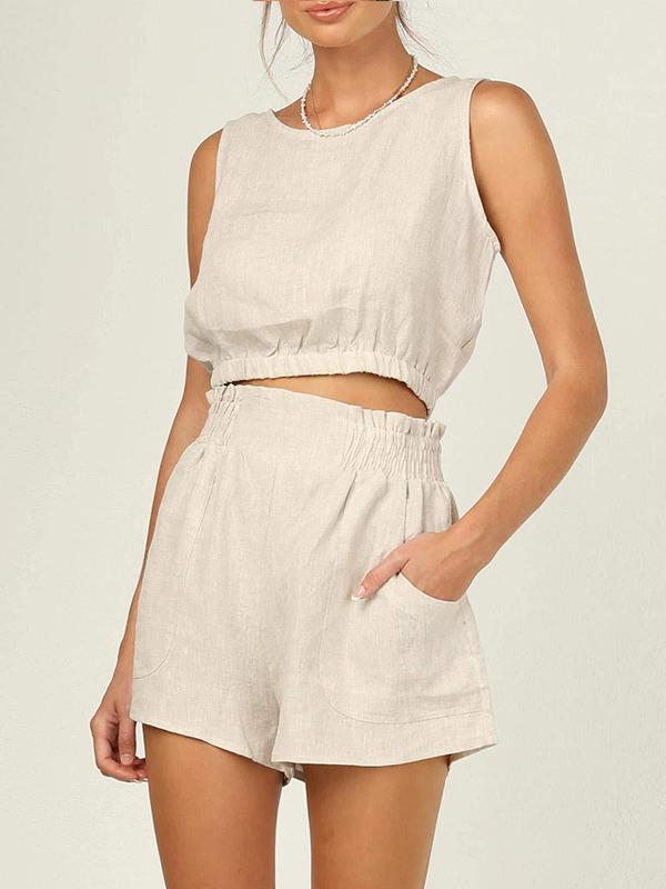 Conjunto femenino de chaqueta corta sin mangas de color sólido con cintura alta y pantalones rectos