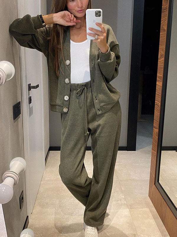 Conjunto Femenino de Chaqueta de Punto con Botones y Pantalones de Dos Piezas
