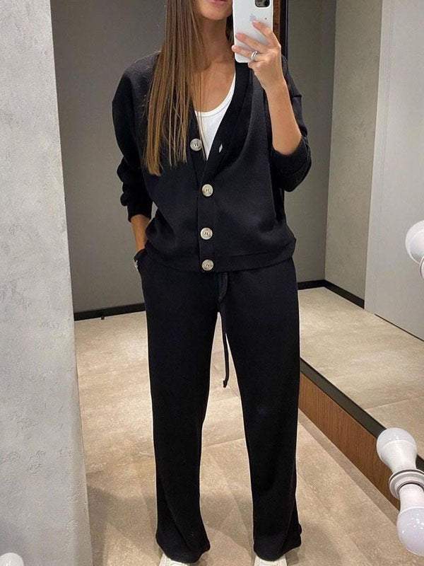 Conjunto Femenino de Chaqueta de Punto con Botones y Pantalones de Dos Piezas