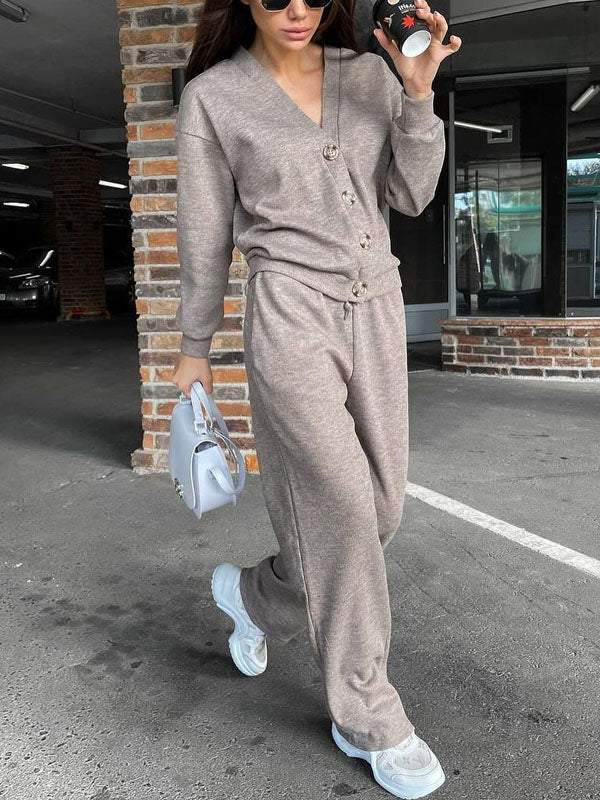 Conjunto Femenino de Chaqueta de Punto con Botones y Pantalones de Dos Piezas