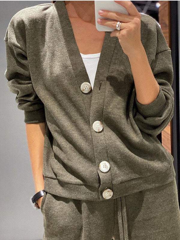 Conjunto Femenino de Chaqueta de Punto con Botones y Pantalones de Dos Piezas
