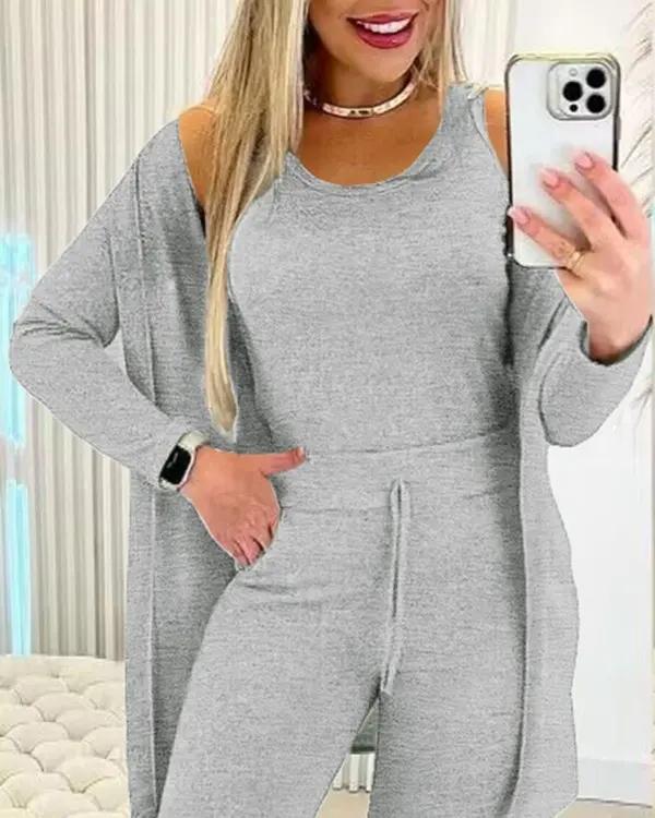 Conjunto Femenino de Regata con Cuello Redondo y Pantalón con Cordón y Chaqueta