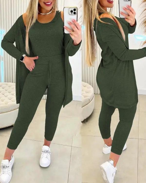 Conjunto Femenino de Regata con Cuello Redondo y Pantalón con Cordón y Chaqueta