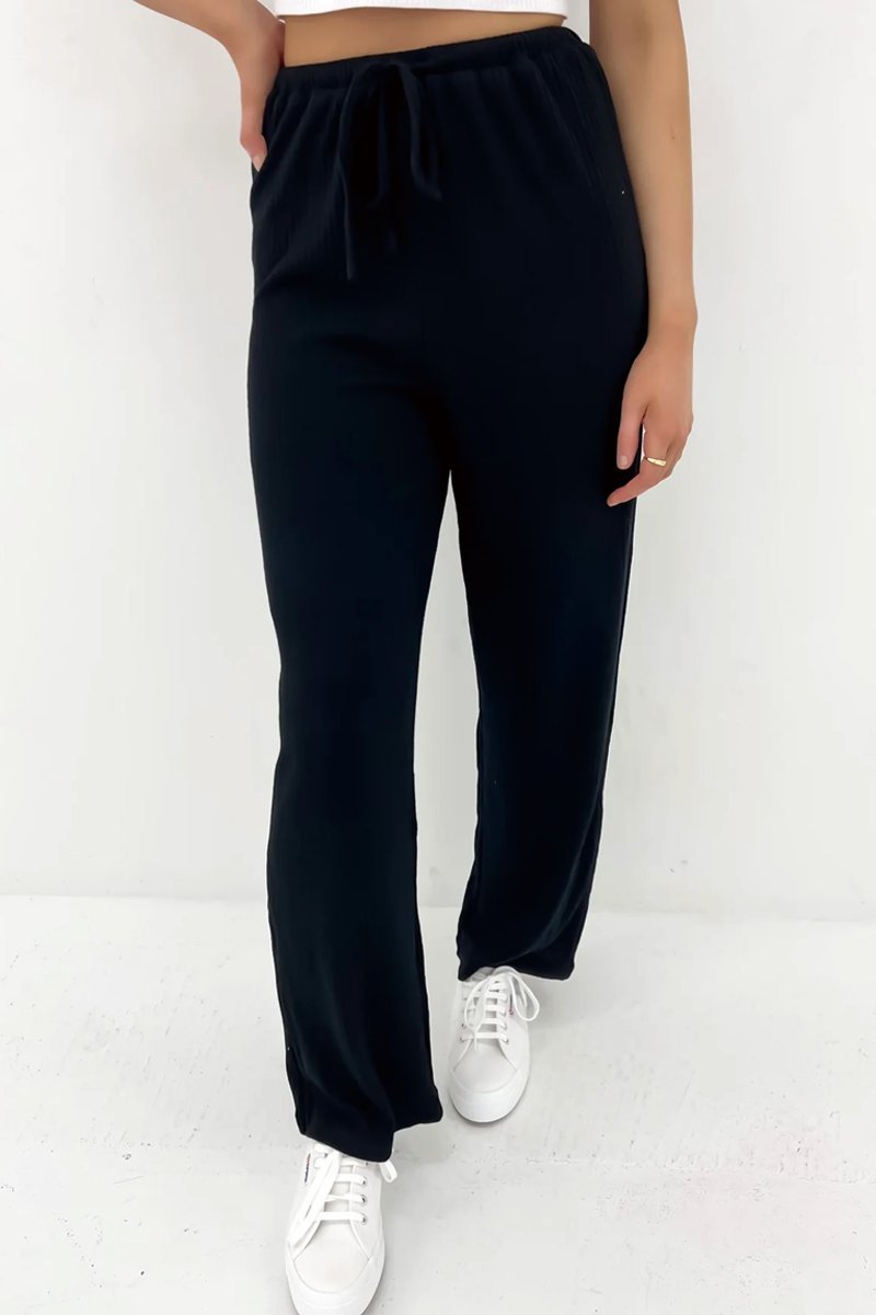 Conjunto Femenino de Top Canelado de Color Sólido y Pantalones