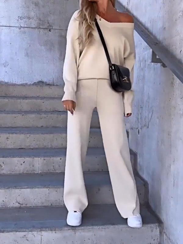 Conjunto Femenino de Top de Color Sólido con Escote en V y Pantalones de Dos Piezas