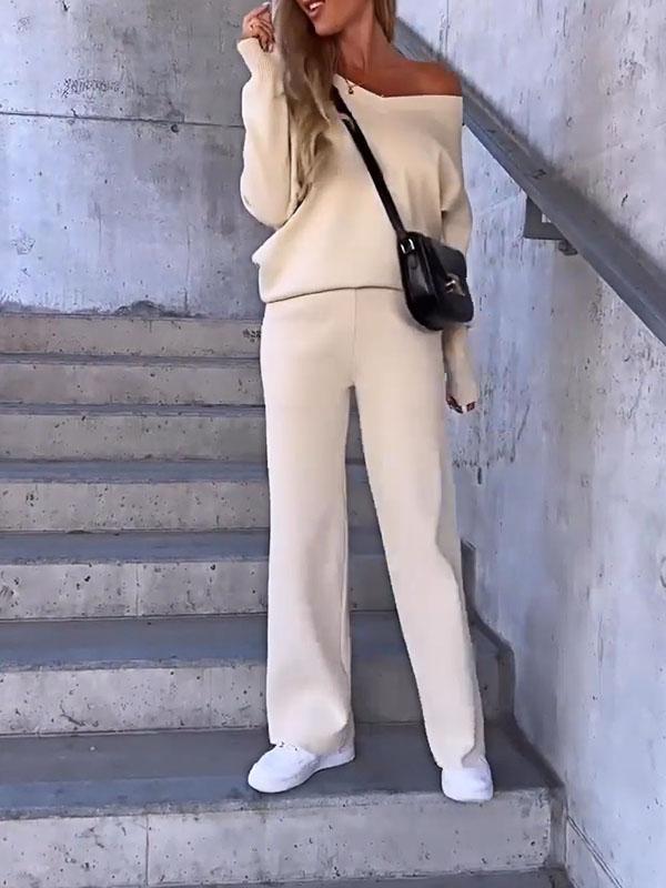 Conjunto Femenino de Top de Color Sólido con Escote en V y Pantalones de Dos Piezas