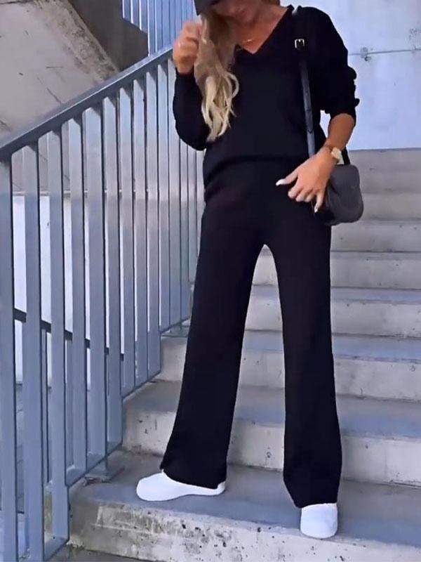 Conjunto Femenino de Top de Color Sólido con Escote en V y Pantalones de Dos Piezas