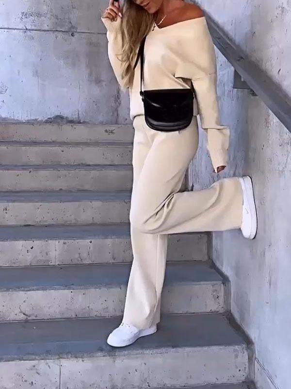 Conjunto Femenino de Top de Color Sólido con Escote en V y Pantalones de Dos Piezas
