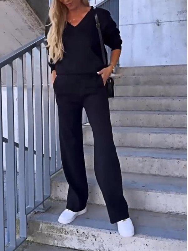Conjunto Femenino de Top de Color Sólido con Escote en V y Pantalones de Dos Piezas